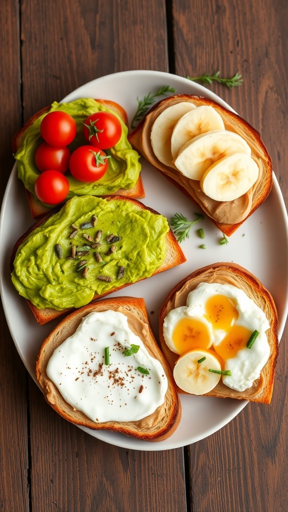 Toasted Bread with Toppings Recipe A plate of toasted bread with avocado, peanut butter, and ricotta toppings, garnished with herbs.